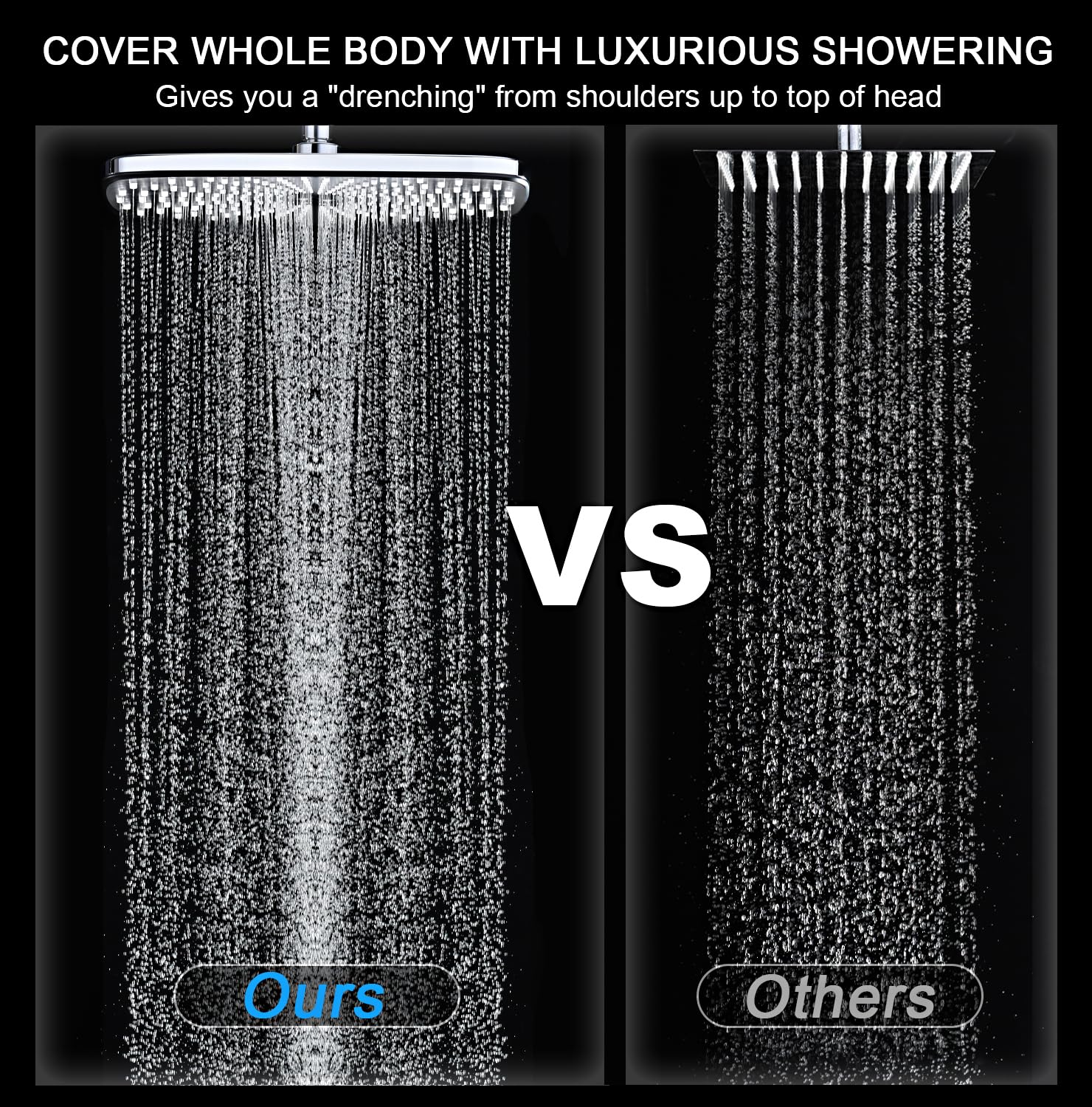 BOZYBO 278-nozzle rain shower creates a smooth, rain-like flow over the body.