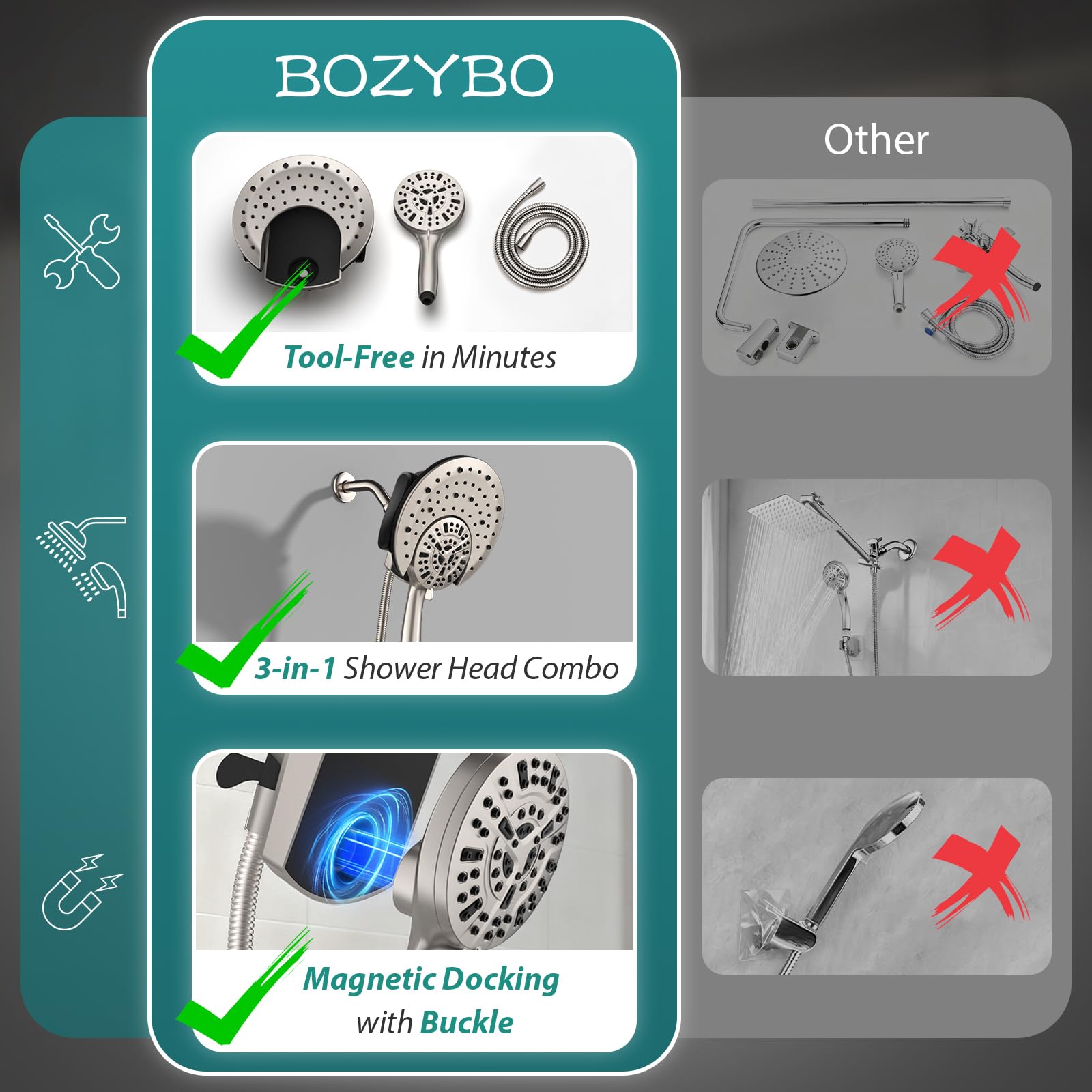 BOZYBO easy-tool-free-installation saves time with fewer leaks.