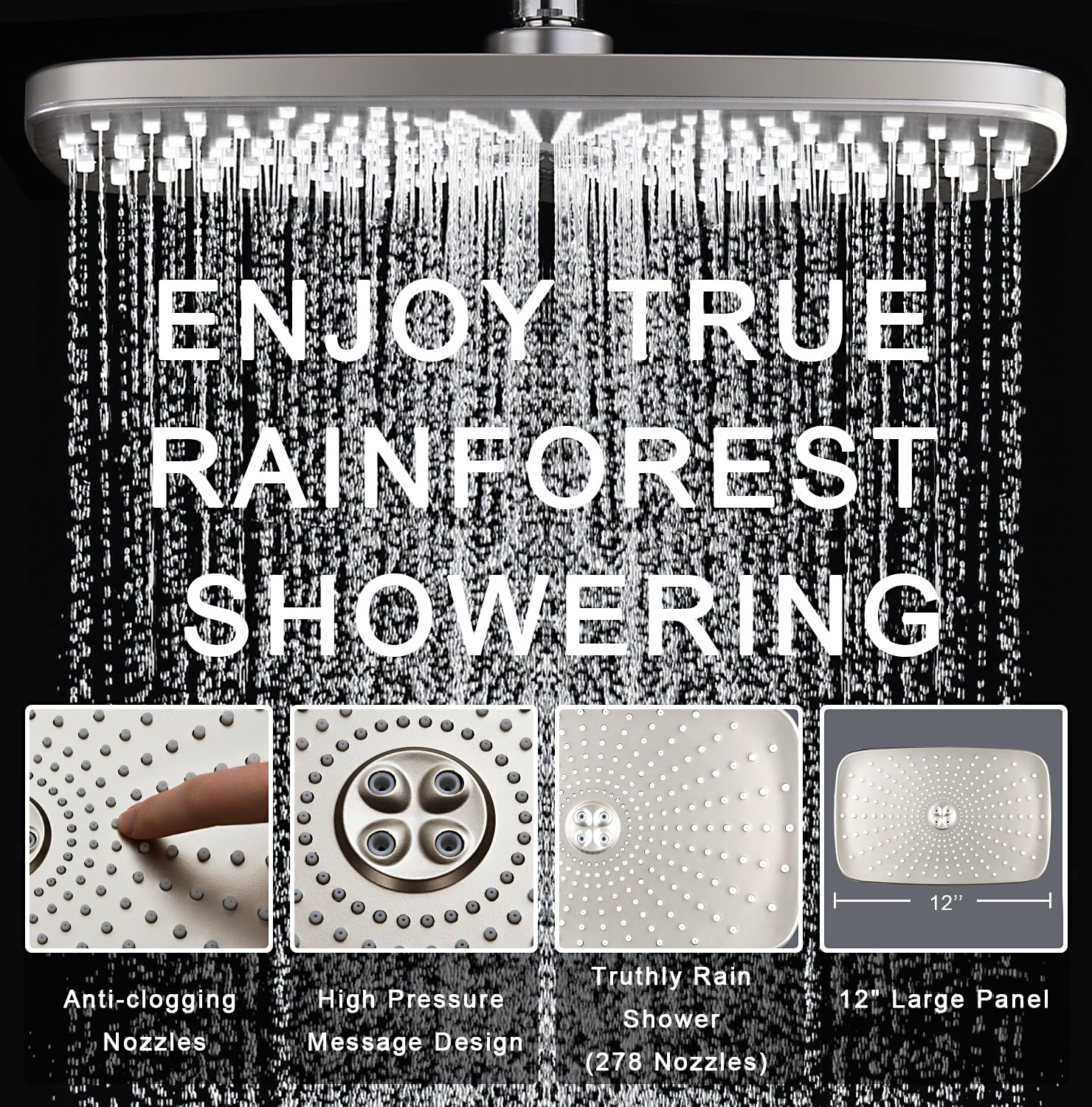 Bozybo twelve-inch square rain shower head provides immersive rainfall.