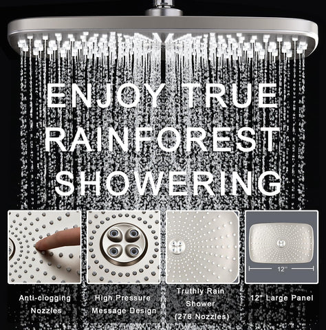 Bozybo twelve-inch square rain shower head provides immersive rainfall.