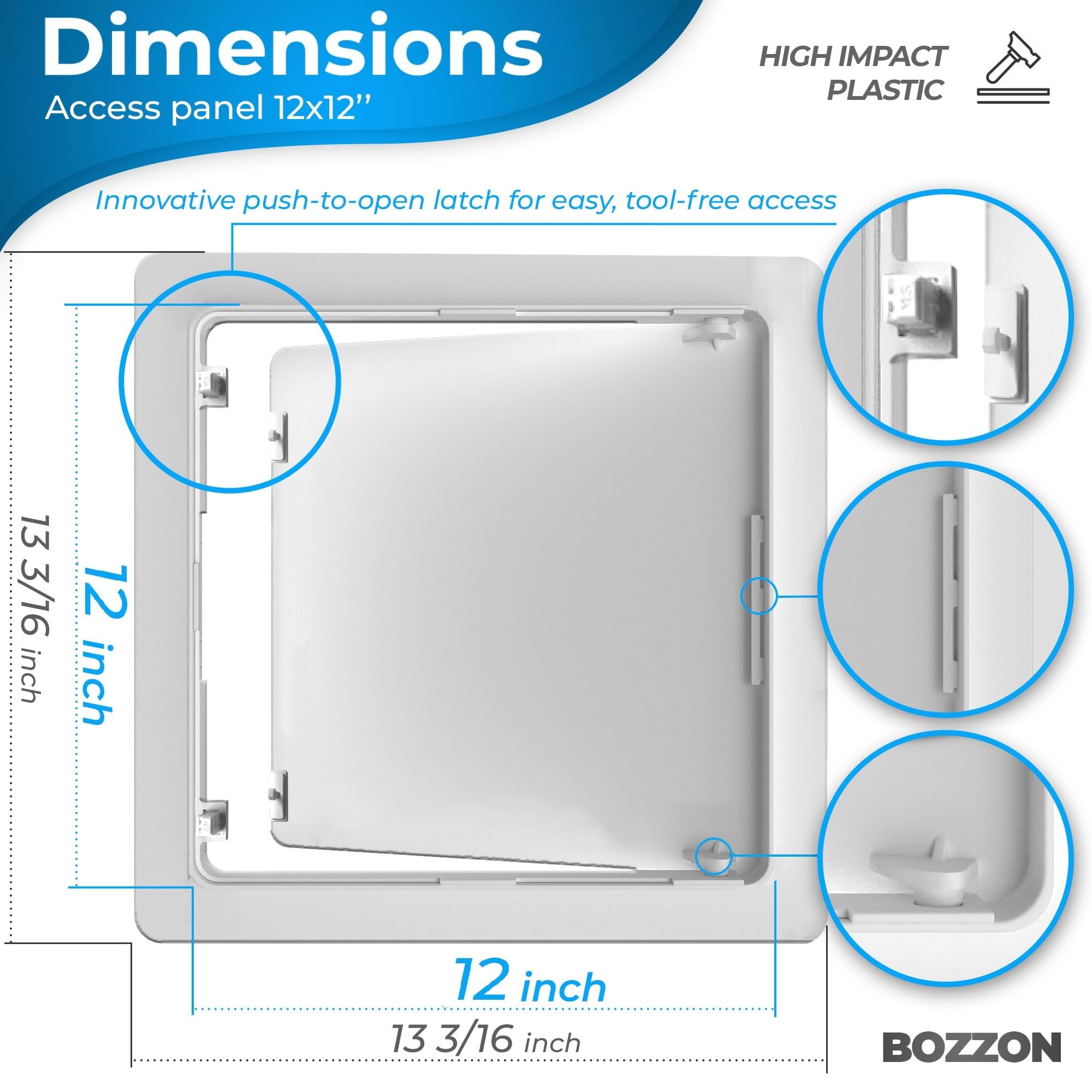Bozzon access panel drywall 12x12 open door 180 degrees for full clearance during maintenance.