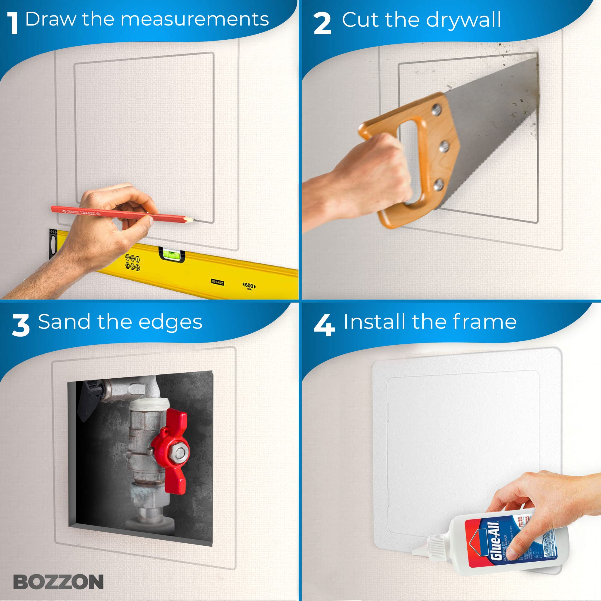 Bozzon access panel drywall 12x12 push-to-open mechanism enables tool-free entry.