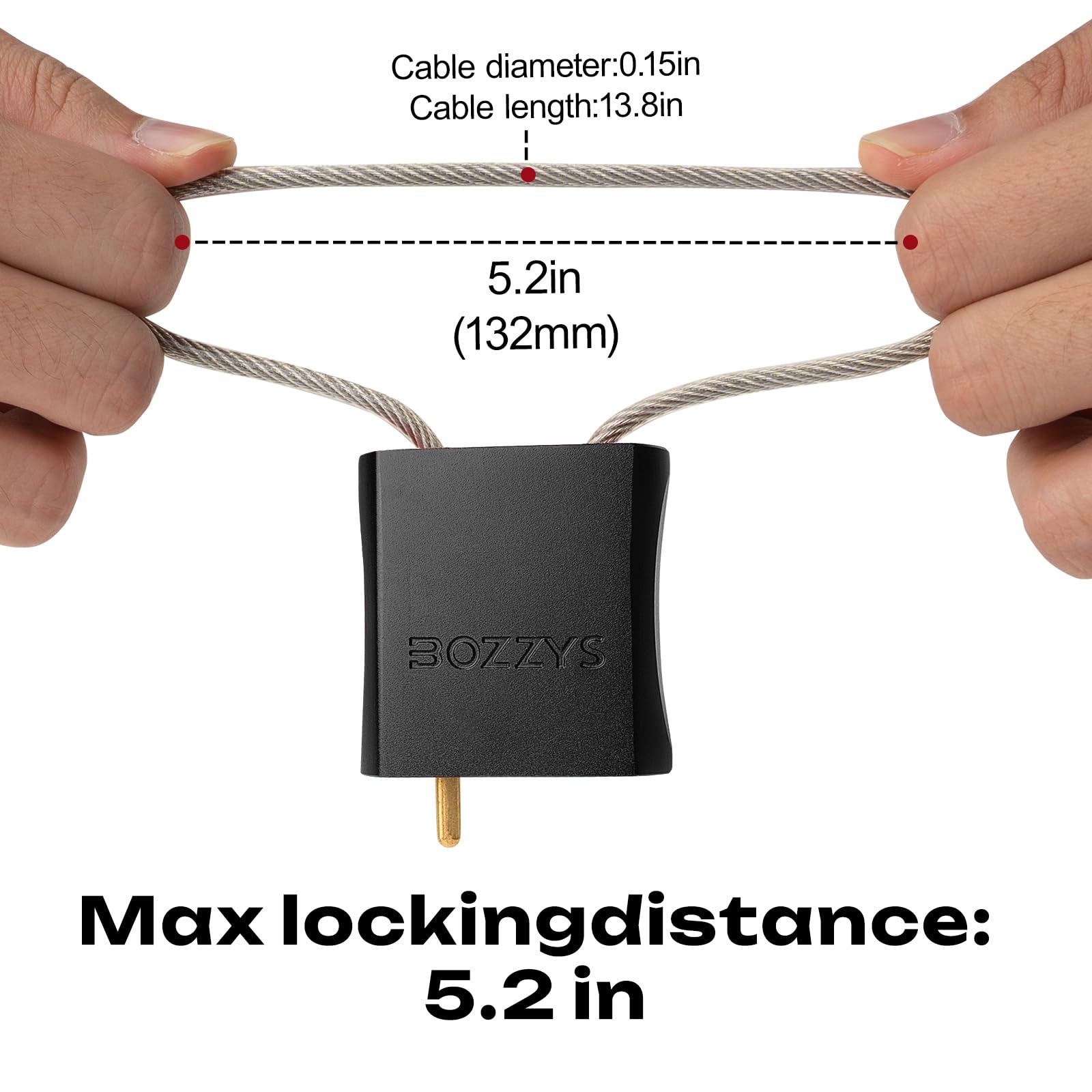 BOZZYS adjustable-length lock shown at 13.8in, 39in, and 80in.