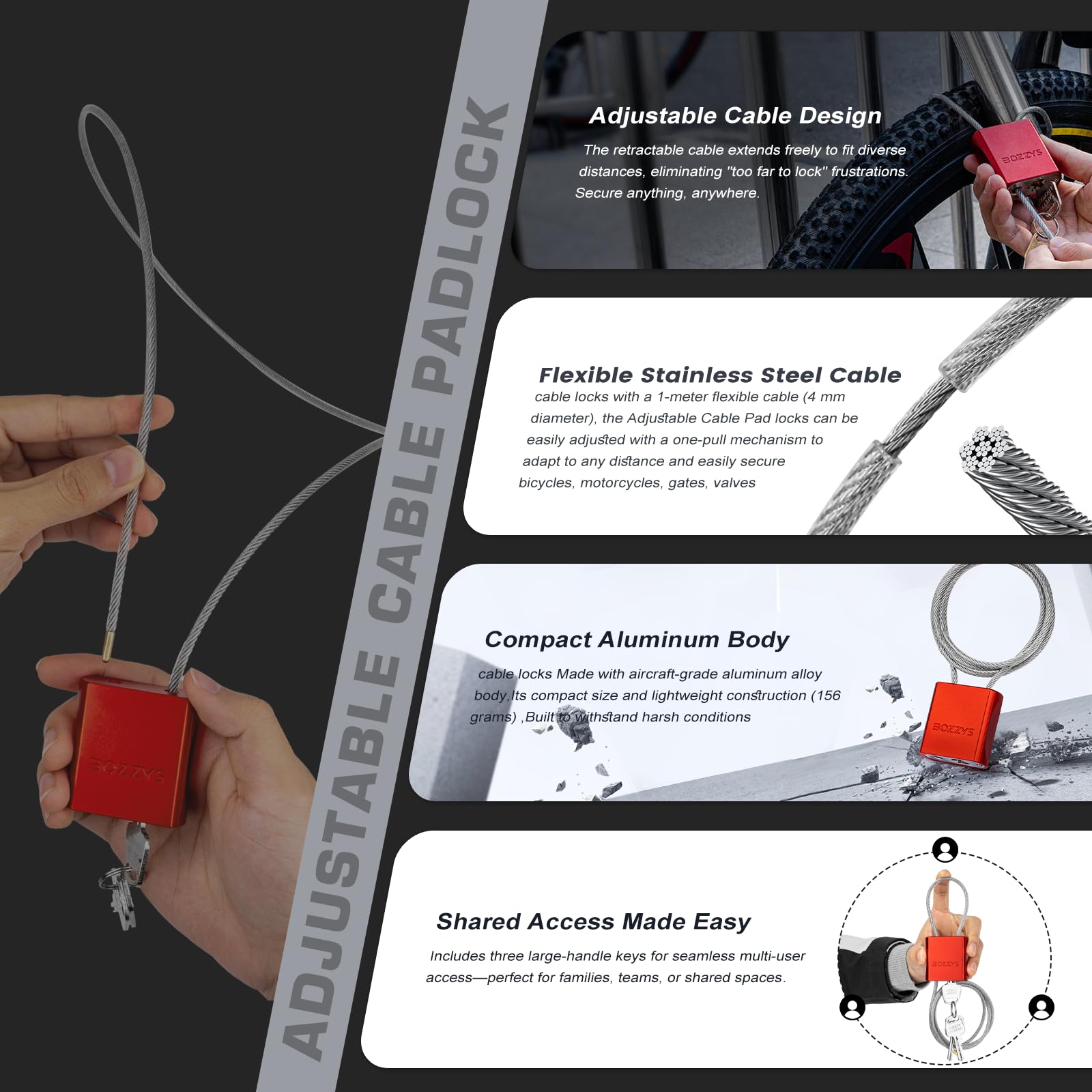 BOZZYS versatile lock for bikes, gates, and lockers.