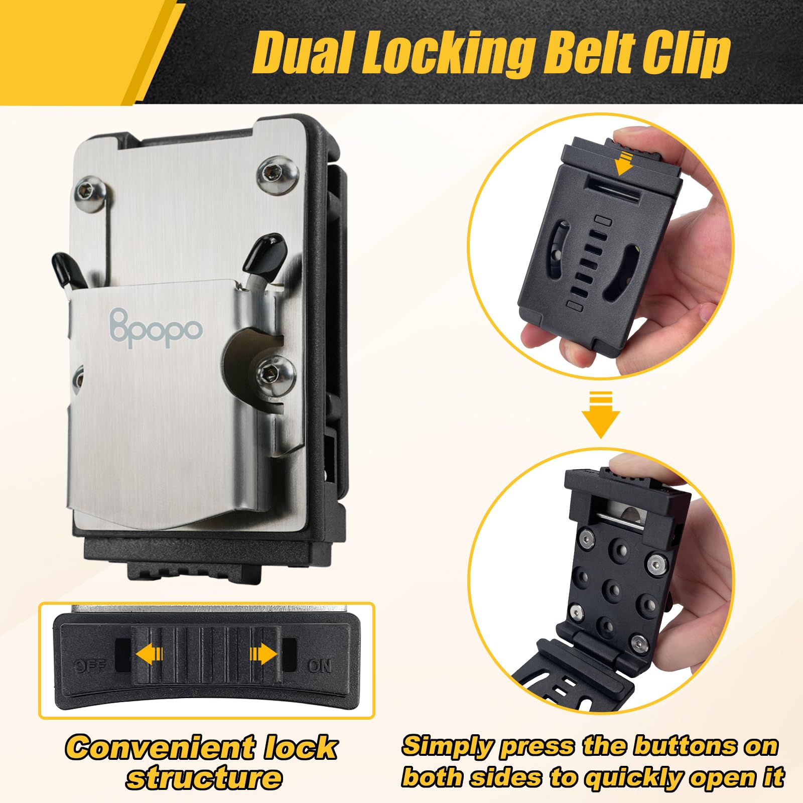 BPOPO drill holder belt clip locking mechanism provides safe, fast release.