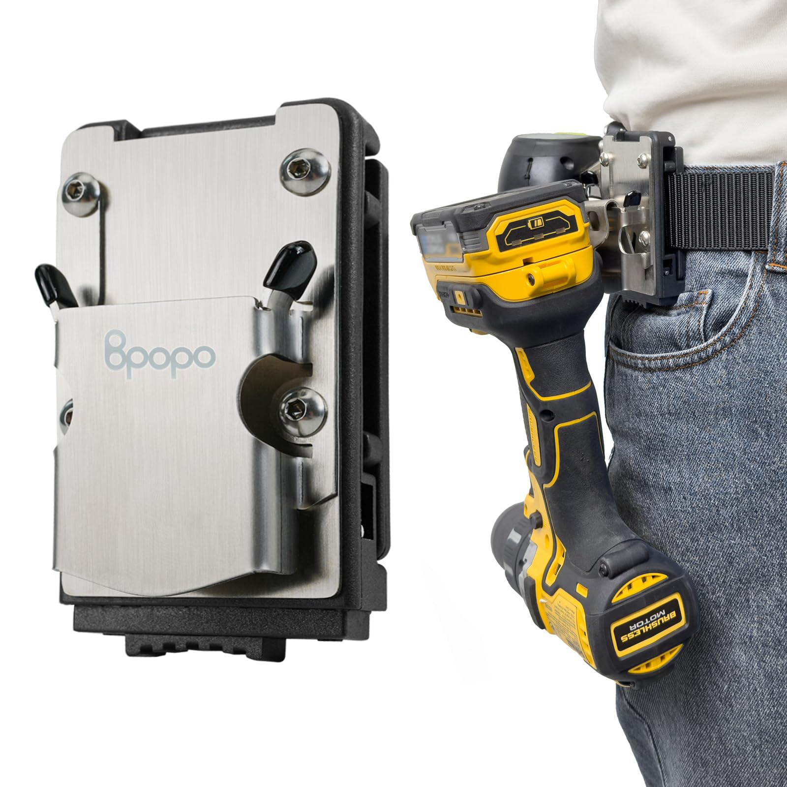 BPOPO drill holder belt clip on belt enables quick one-handed drill access.