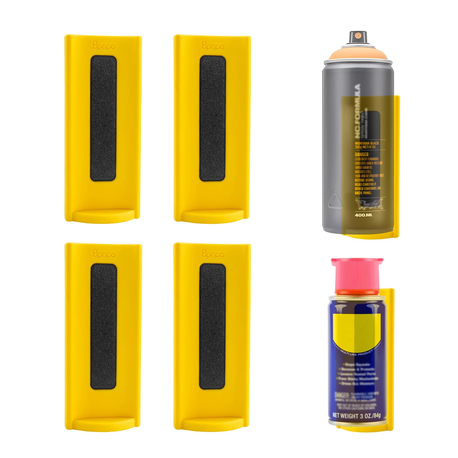 BPOPO four-piece magnetic spray can holder mounted on wall for garage organization.