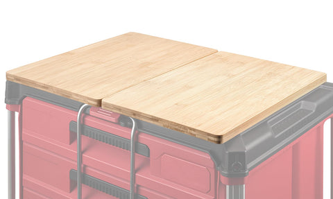 BPOPO two-pack table on Milwaukee Packout top creates sturdy workstation.