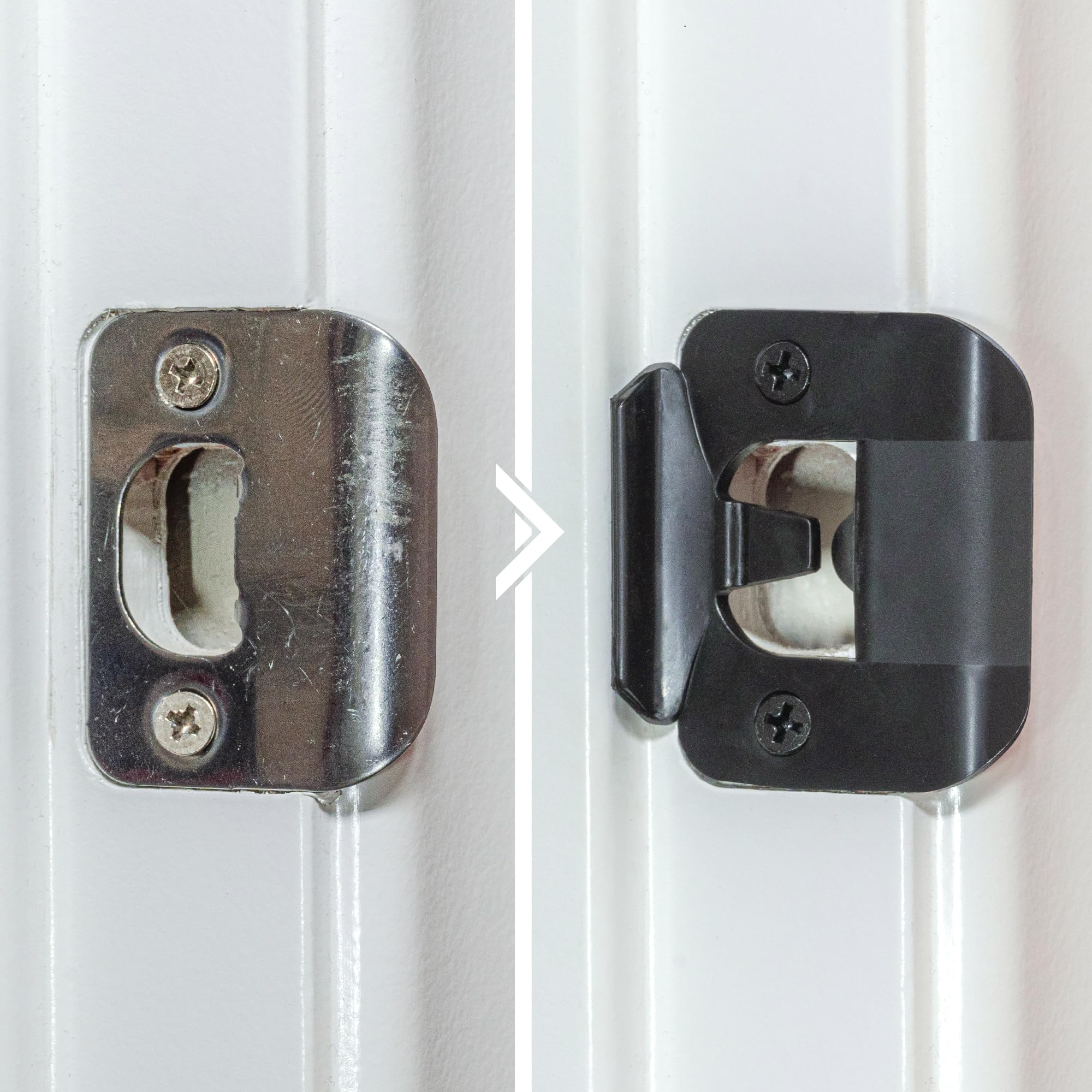 BrainExploder door silencer strike plate in black with color-matched hardware.