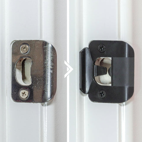 BrainExploder door silencer strike plate in black with color-matched hardware.