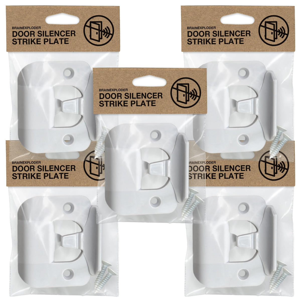 BrainExploder door silencer strike plate white packaging showing quiet, easy installation