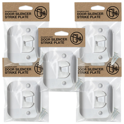 BrainExploder door silencer strike plate white packaging showing quiet, easy installation