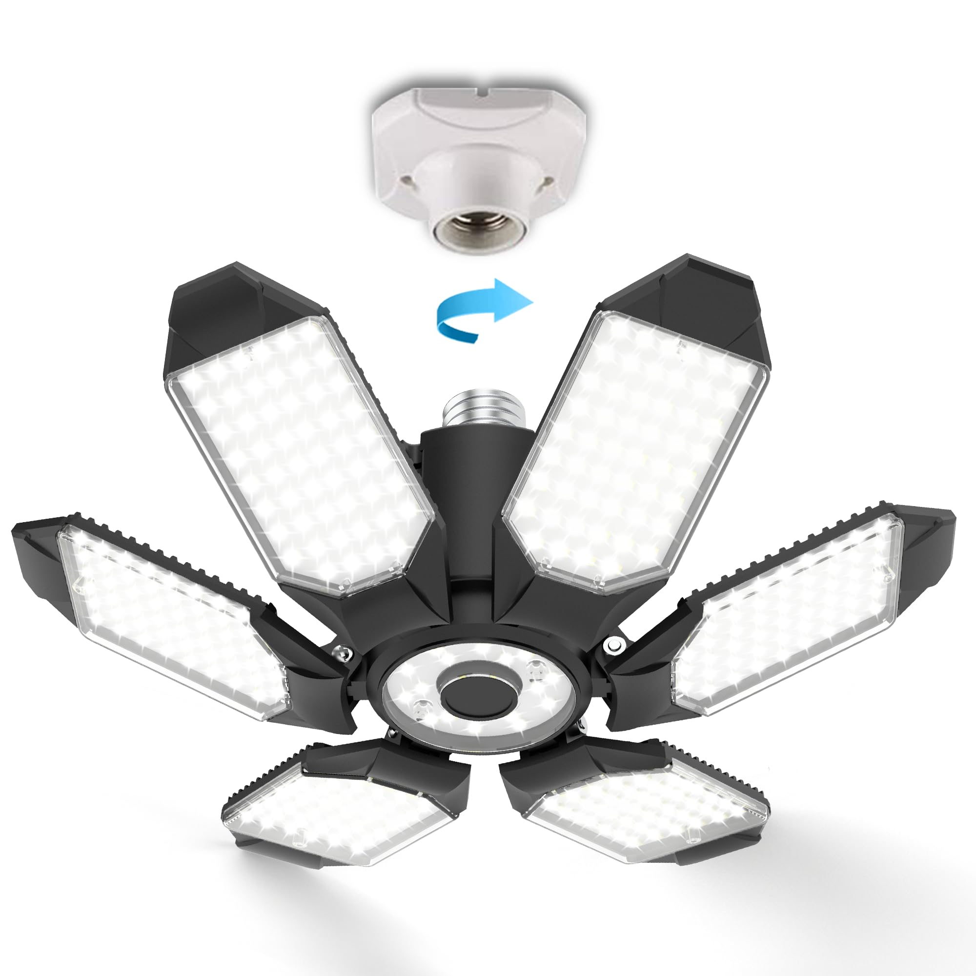 BRAINIAC LED garage light showcases six deformable panels for shadow-free ceiling illumination.