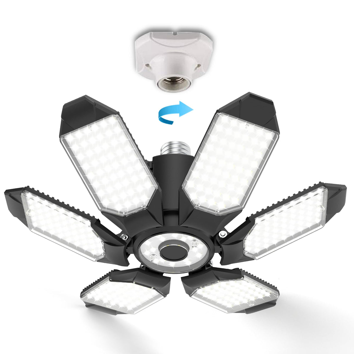 BRAINIAC LED garage light showcases six deformable panels for shadow-free ceiling illumination.