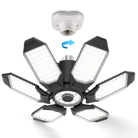 BRAINIAC LED garage light showcases six deformable panels for shadow-free ceiling illumination.