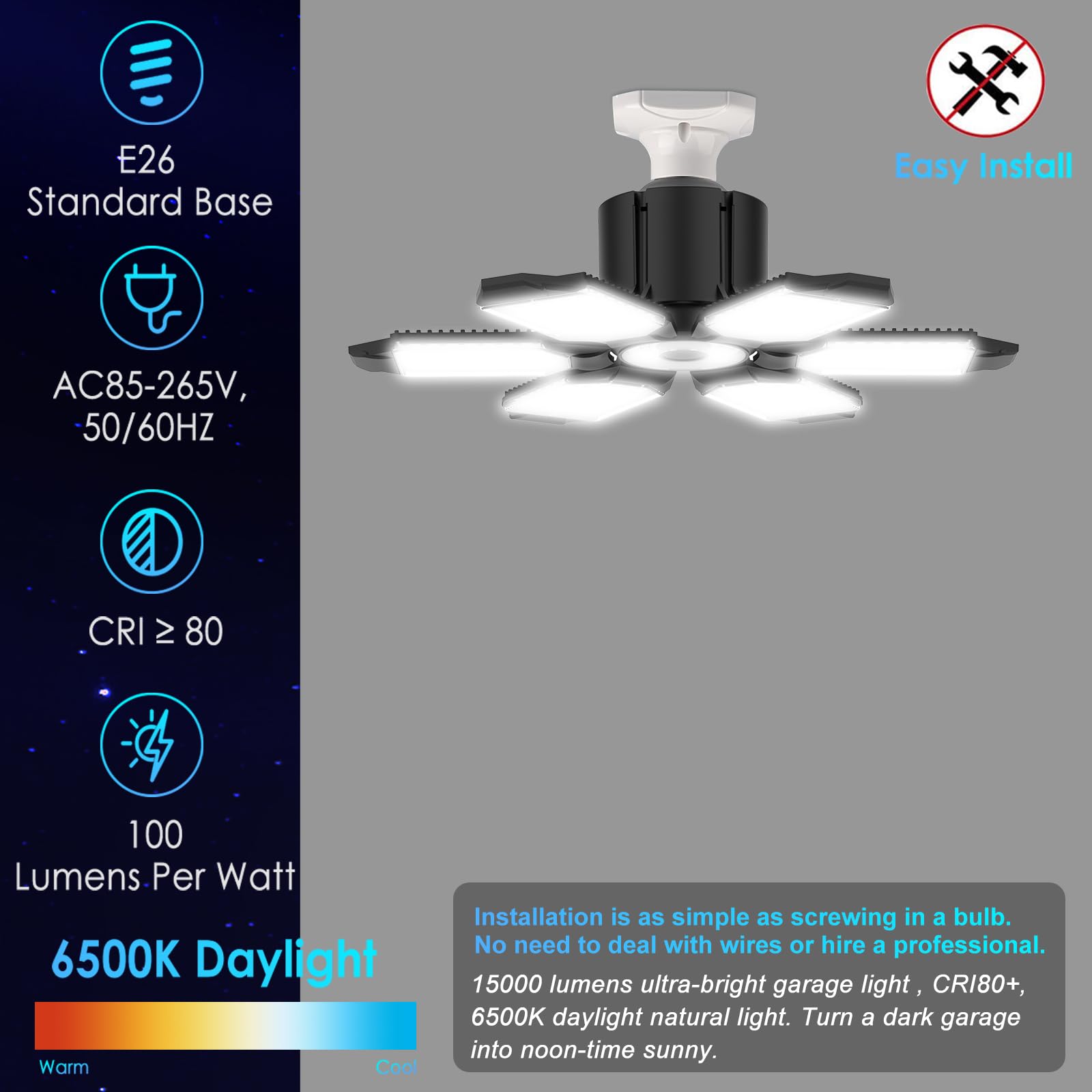 BRAINIAC LED garage light close-up shows adjustable panels for customizable lighting.