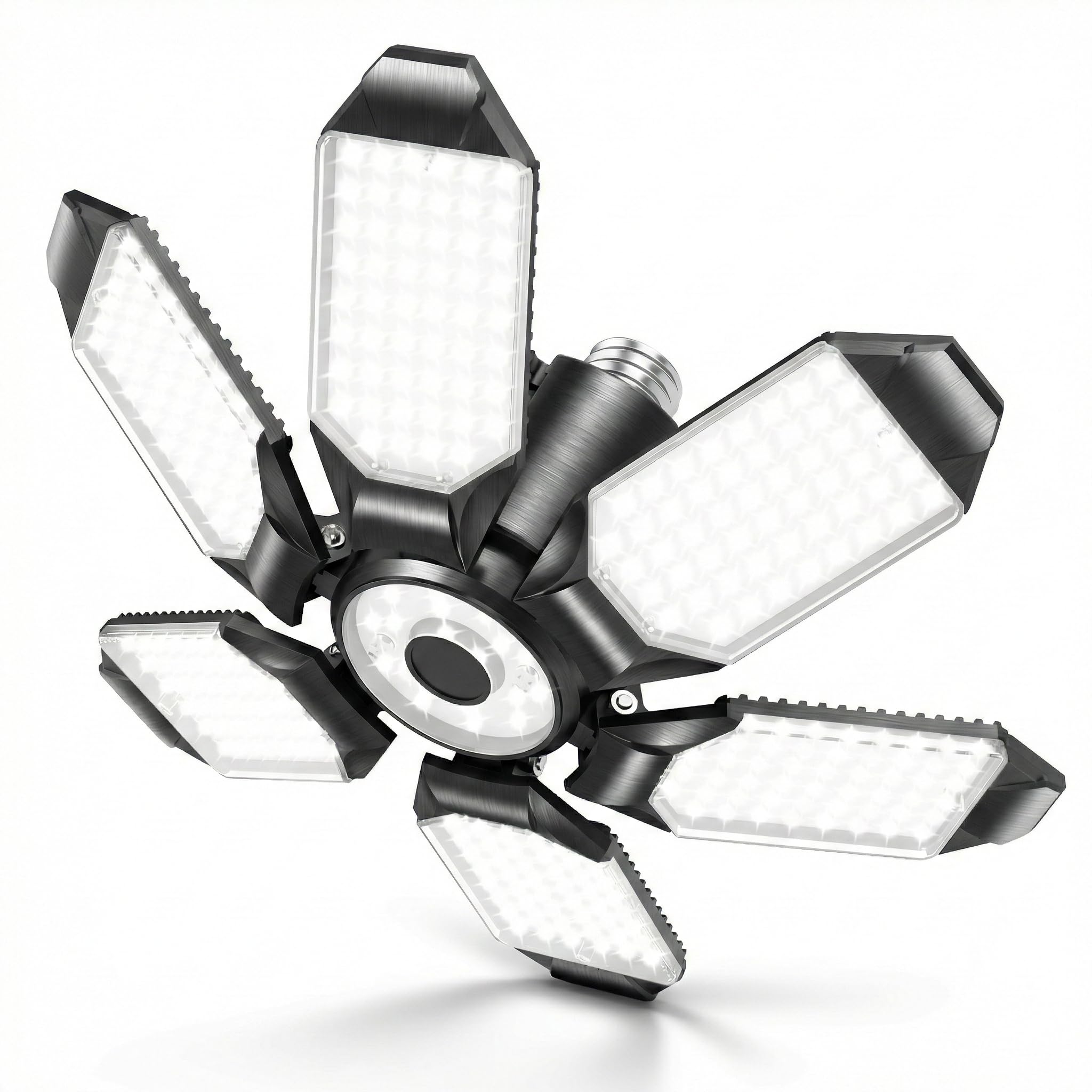 Brainiac LED garage light with six adjustable panels for flexible coverage.