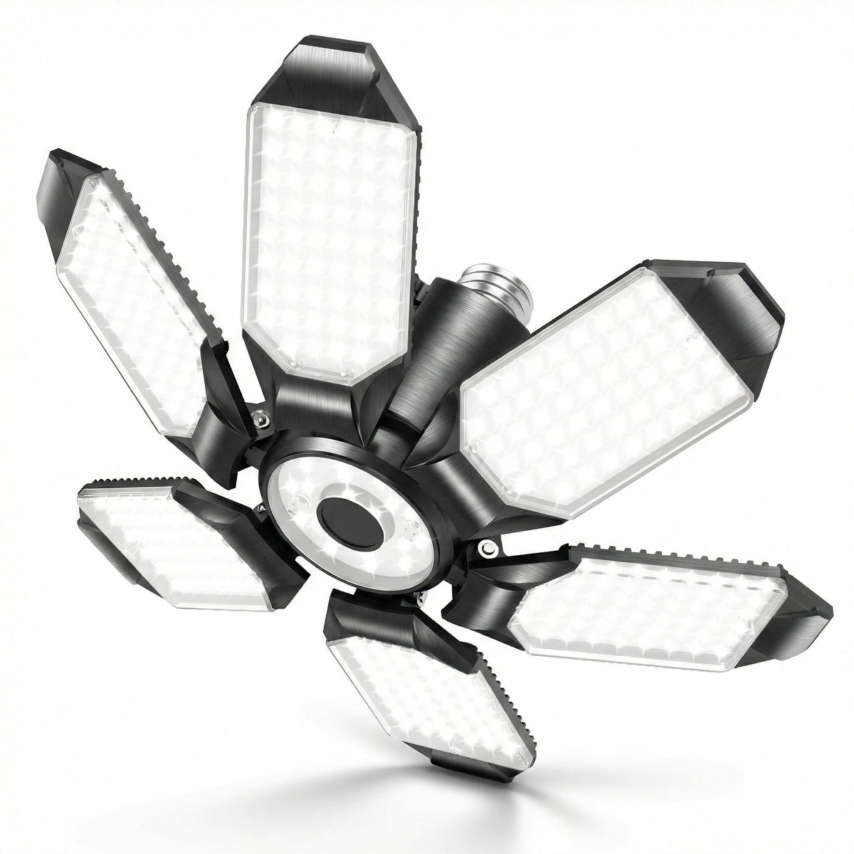 Brainiac LED garage light with six adjustable panels for flexible coverage.