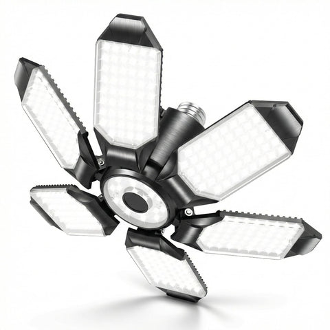 Brainiac LED garage light with six adjustable panels for flexible coverage.