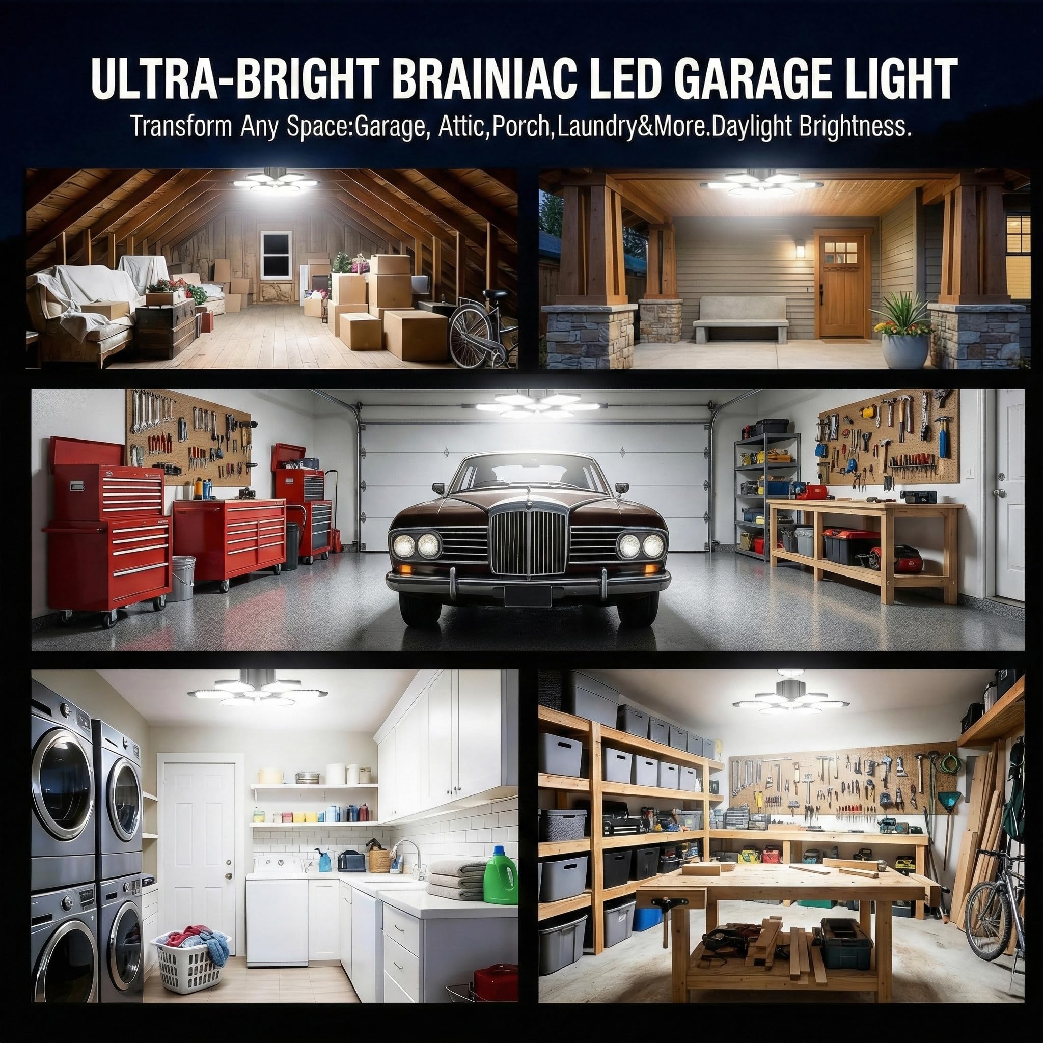 Brainiac LED garage light ideal for workshops and basements with bright illumination.