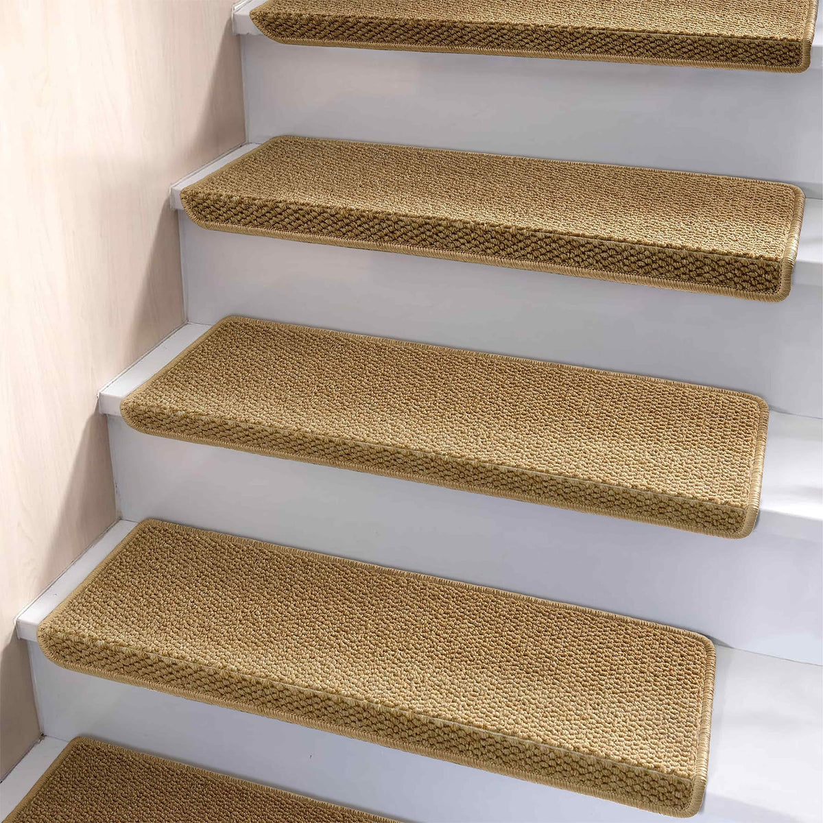 Brakki bullnose stair treads beige on wood stairs for added grip