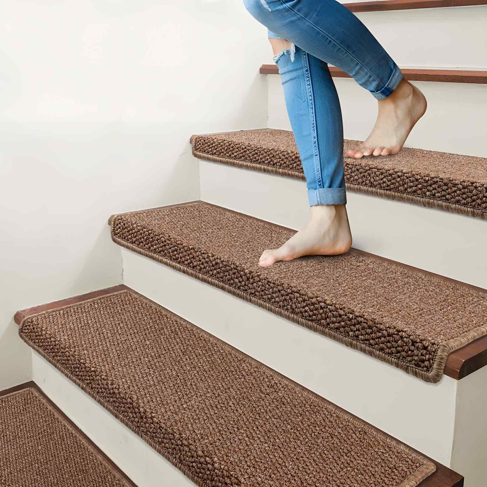 Brakki camel stair treads on wood step, non-slip surface in action