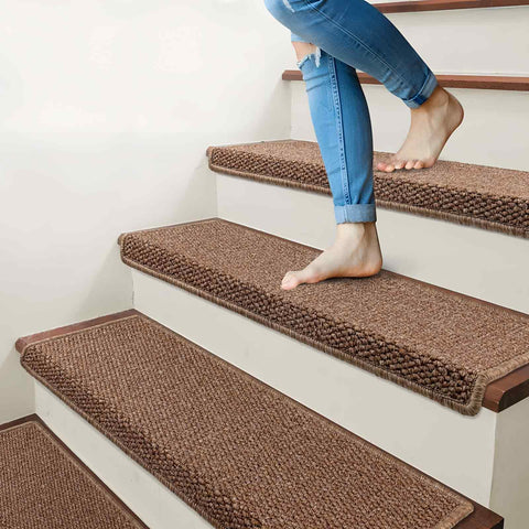 Brakki camel stair treads on wood step, non-slip surface in action