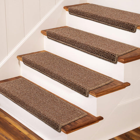 Brakki bullnose stair treads in camel on wood showing edge protection