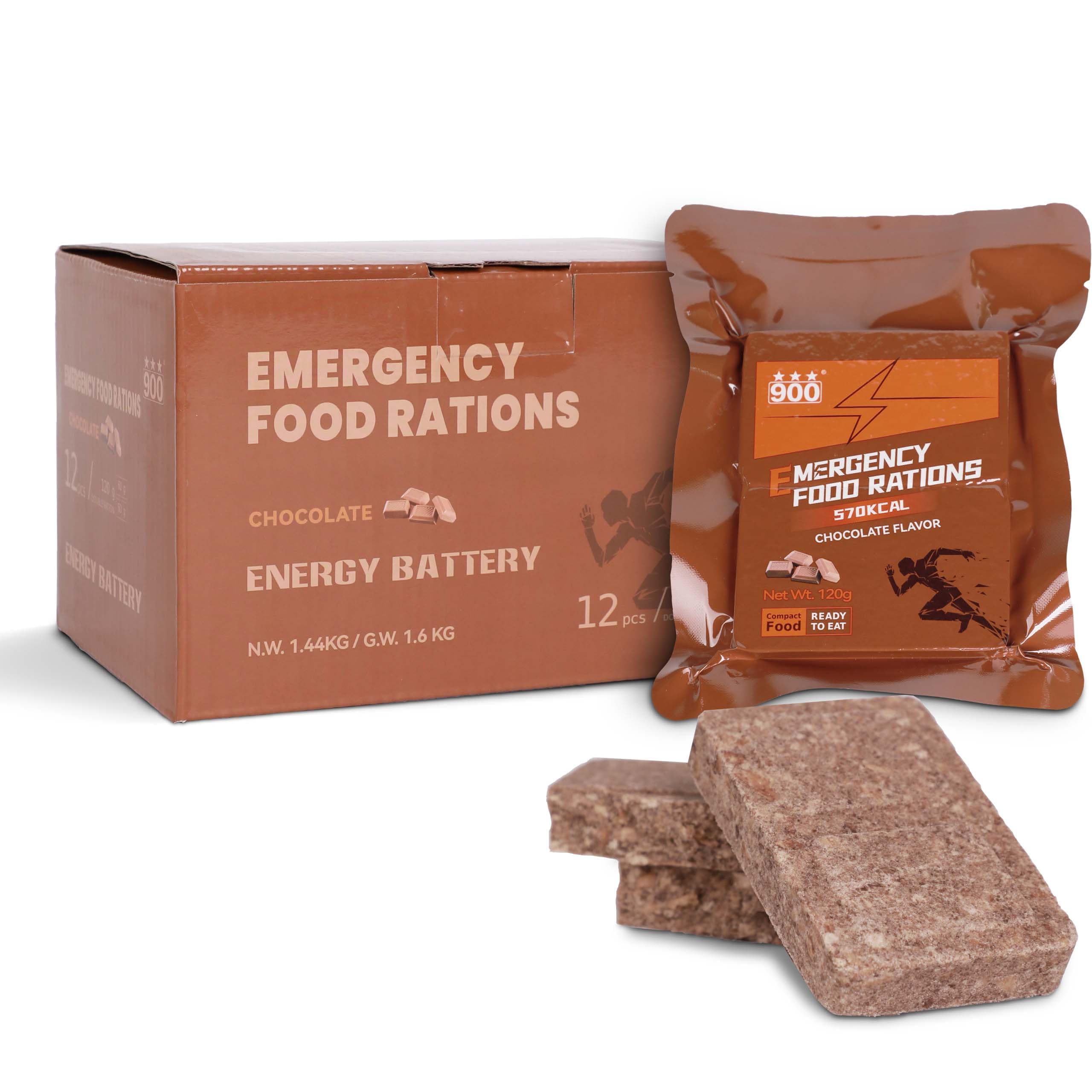 900 Emergency Food Bars Chocolate Hardtack packaging shown for quick, ready-to-eat energy during emergencies.