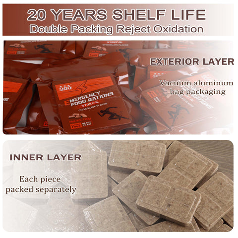 900 Emergency Food Bars Chocolate Hardtack vacuum-packed blocks designed for long storage.
