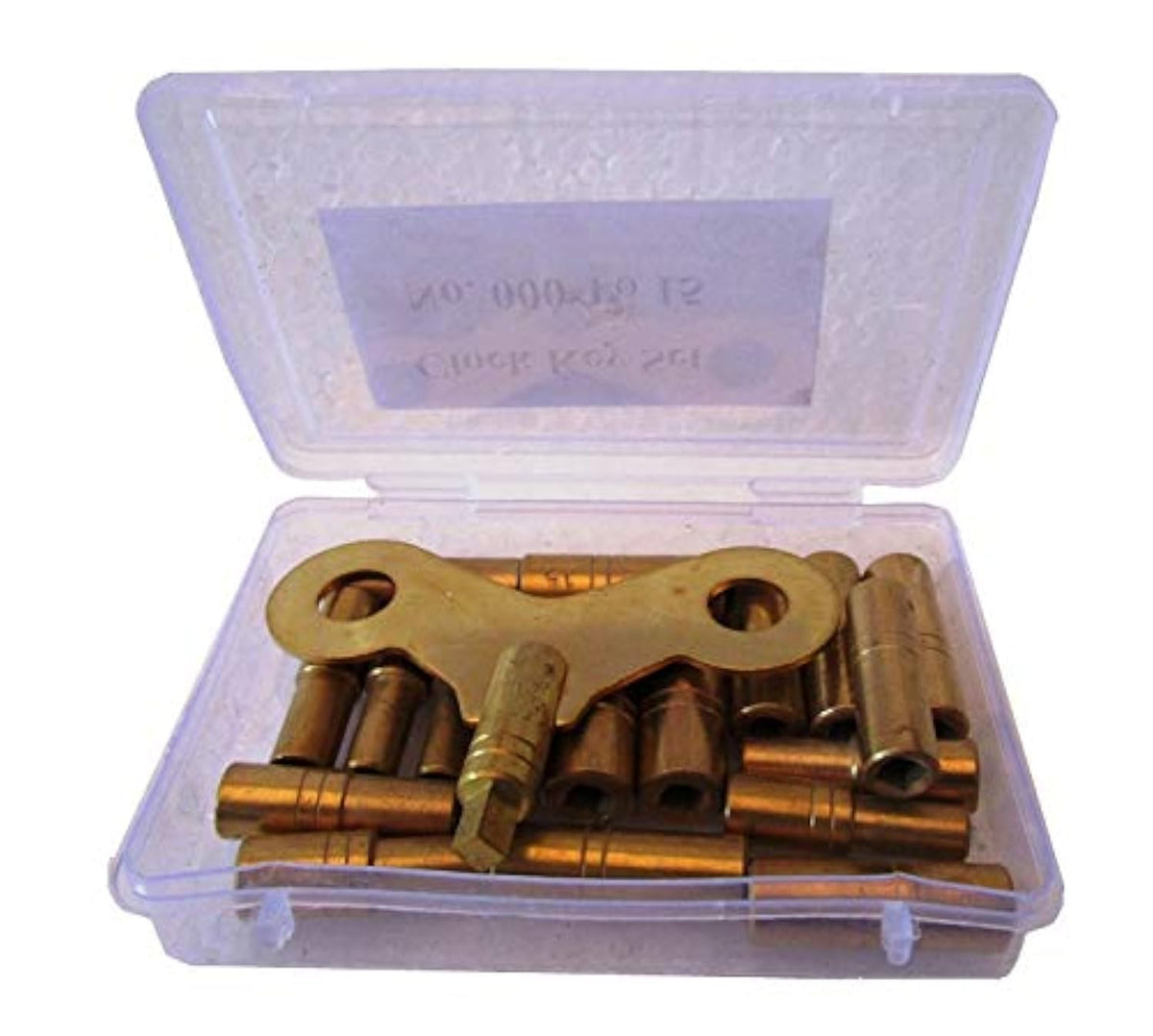 Brass Blessing 18-prong clock key set with polished brass finish for versatile winding.
