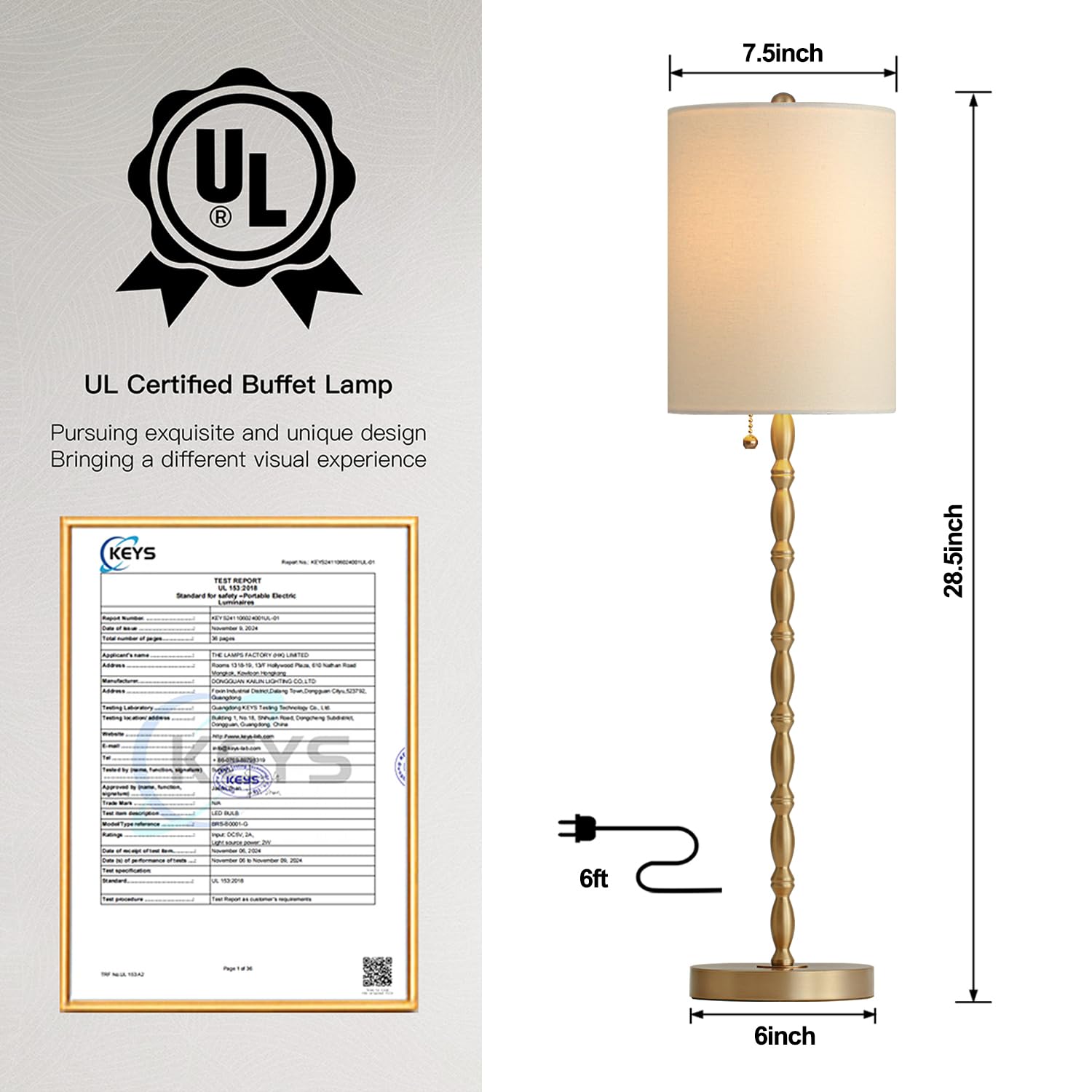 BRASSLISM buffet lamp with 6-foot cord for flexible placement.