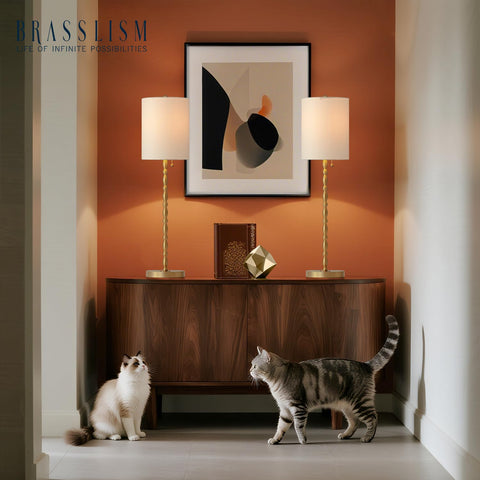 BRASSLISM buffet lamp off-white linen shade diffuses light for a soft glow.