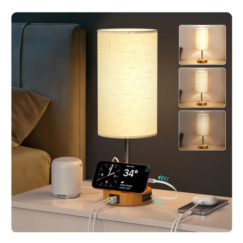 BREEKET bedside lamp with natural wood base for sturdy, warm lighting