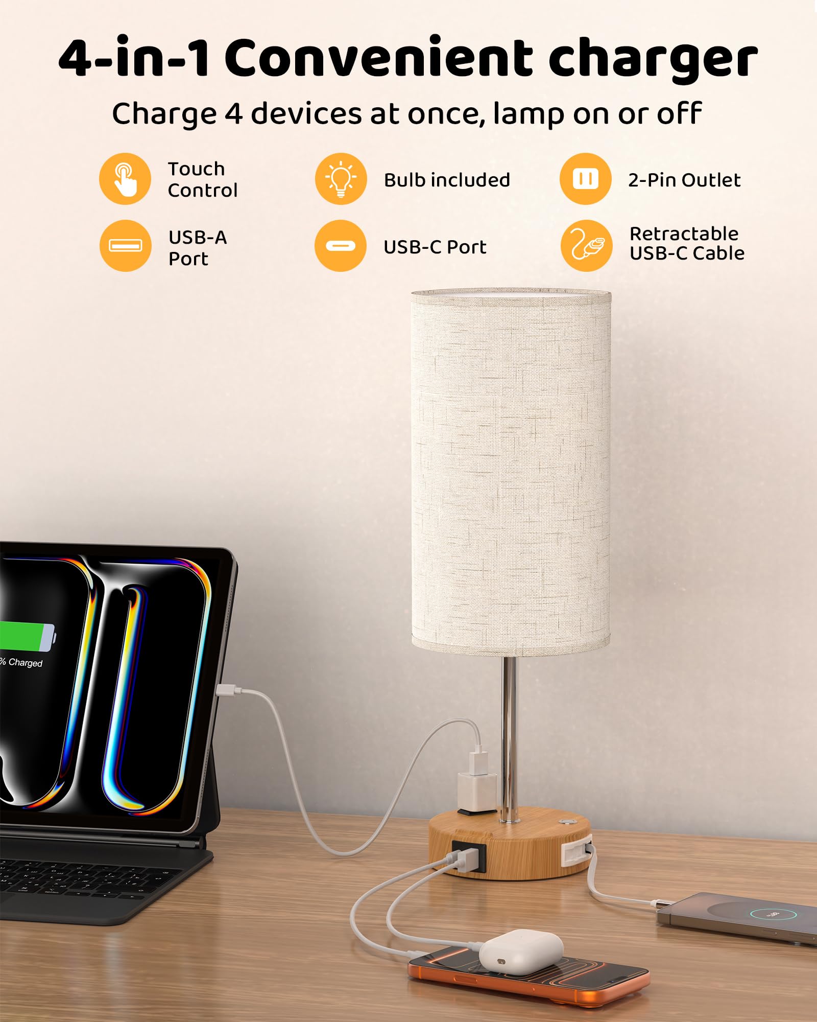 BREEKET bedside lamp retractable cable keeps nightstand tidy
