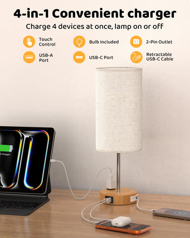 BREEKET bedside lamp retractable cable keeps nightstand tidy