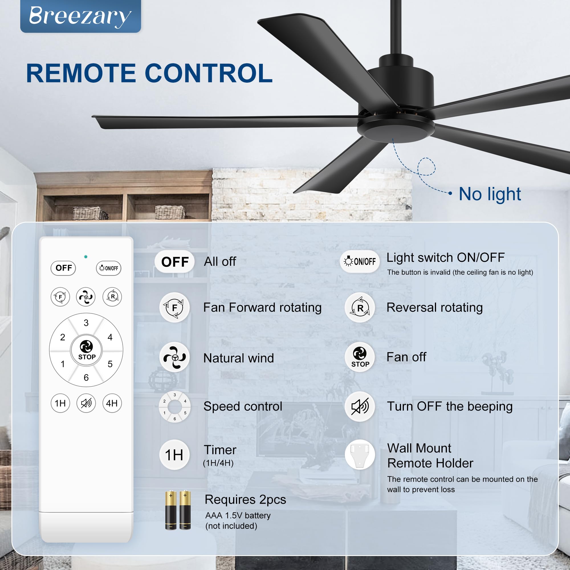 Remote control with six speeds for customizable comfort on Breezary fan.