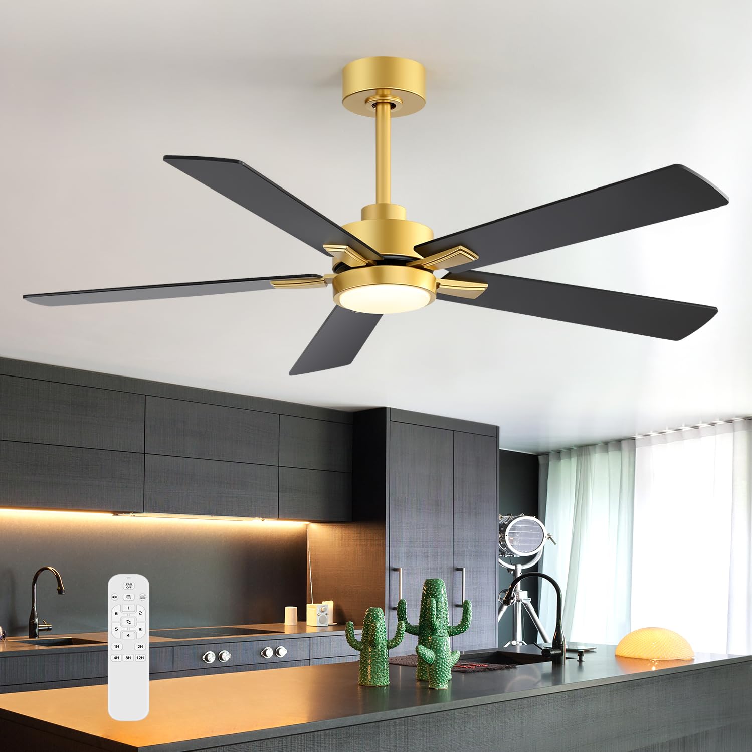 Breezary 52-inch LED ceiling fan in gold and black adds ambient airflow and style.