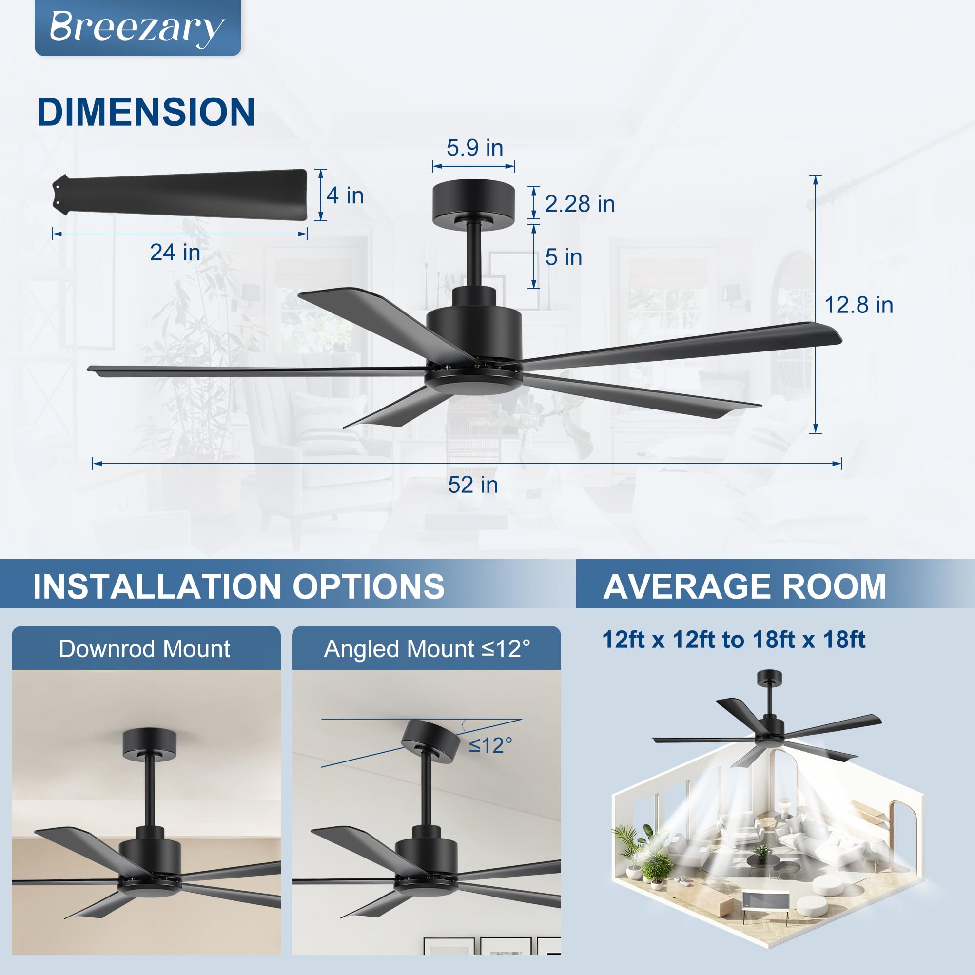 Five reversible blades for year-round breeze from Breezary ceiling fan.