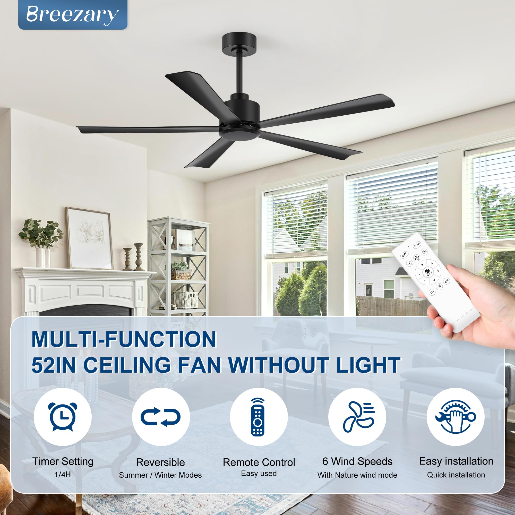 Breezary quiet DC motor delivers strong airflow with minimal noise.
