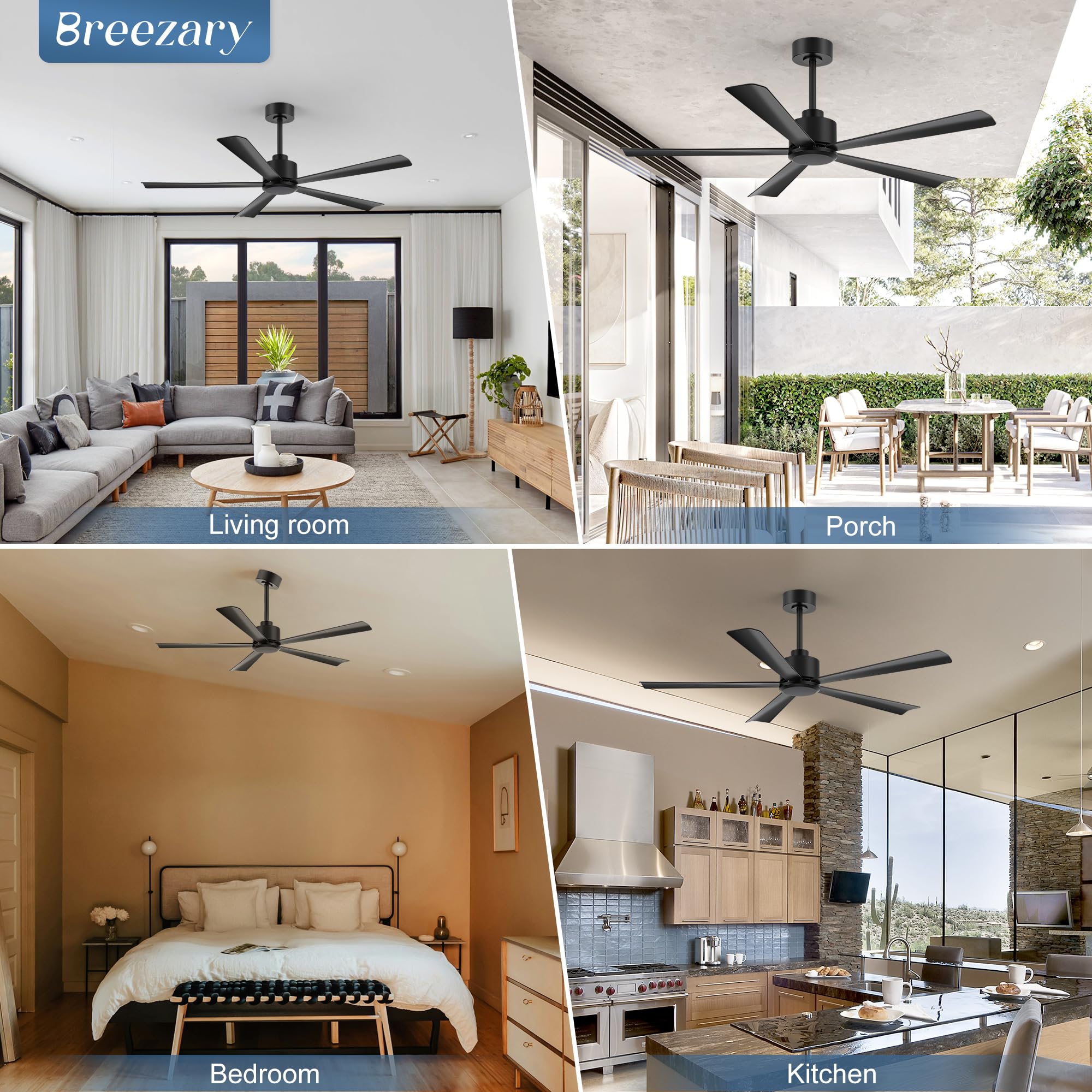 Black blades complement Breezary's modern decor and balanced airflow.