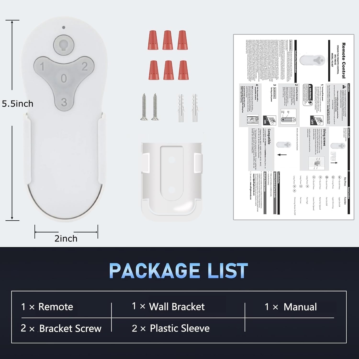Comprehensive Breeze Bay package with remote, bracket, screws, and instructions.