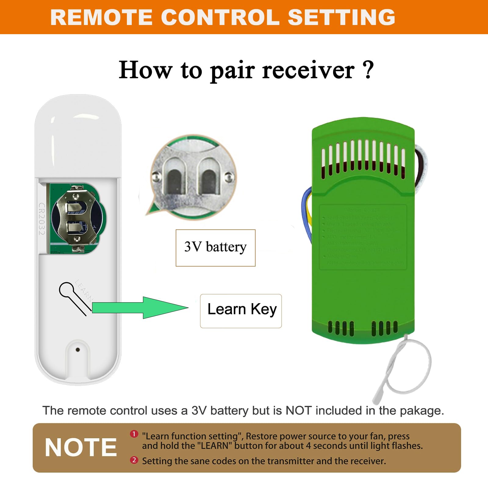 Learn button pairing illustration showing effortless Breeze Bay remote setup.
