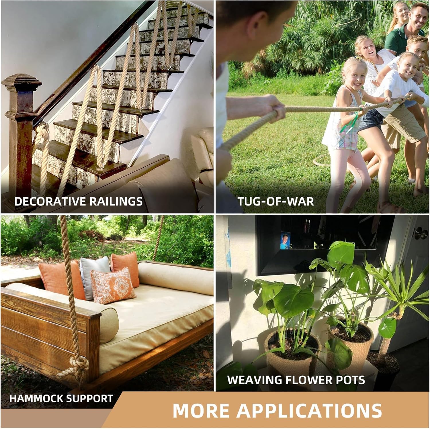 BRETANGME jute rope resists moisture and UV in outdoor applications.