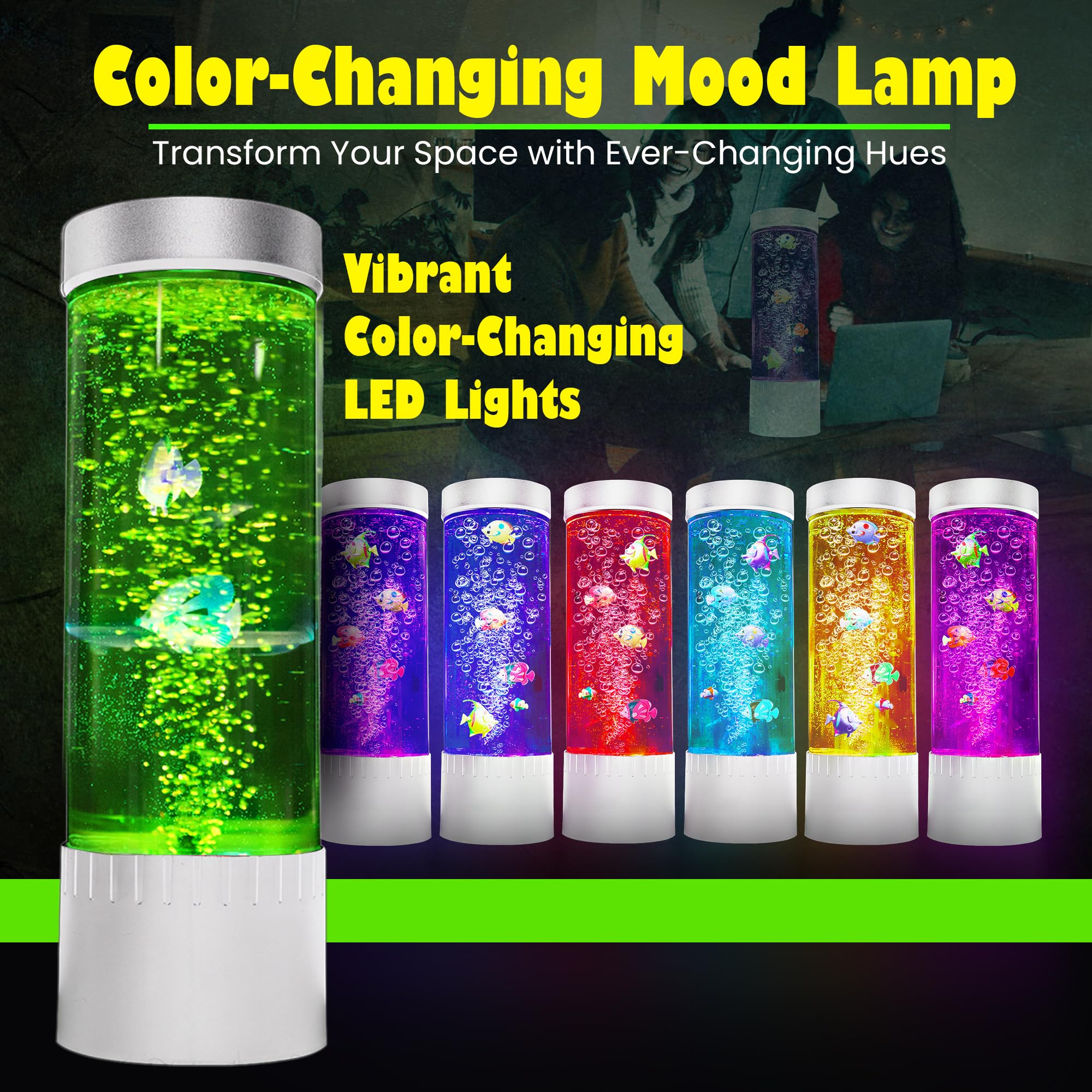 Brewish Bubble Fish Lamp tank view shows lifelike fish gliding through bubbles, aiding focus.