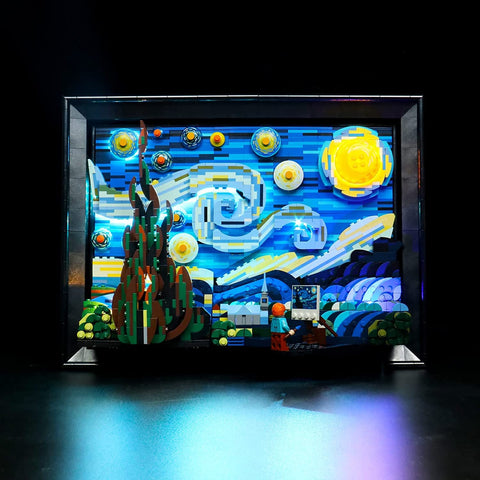 BrickBling LED lights for Starry Night kit illuminate the display with subtle glow.
