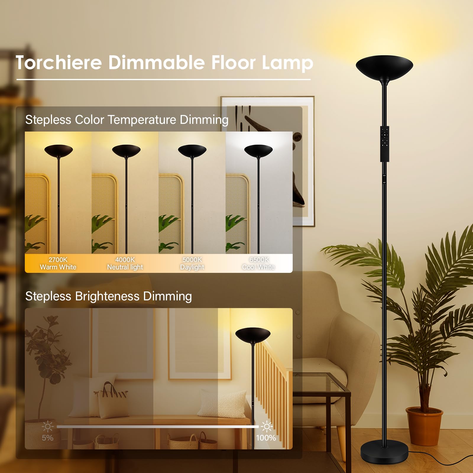 Bricosmocon 71-inch tall floor lamp installed in a living room setup.