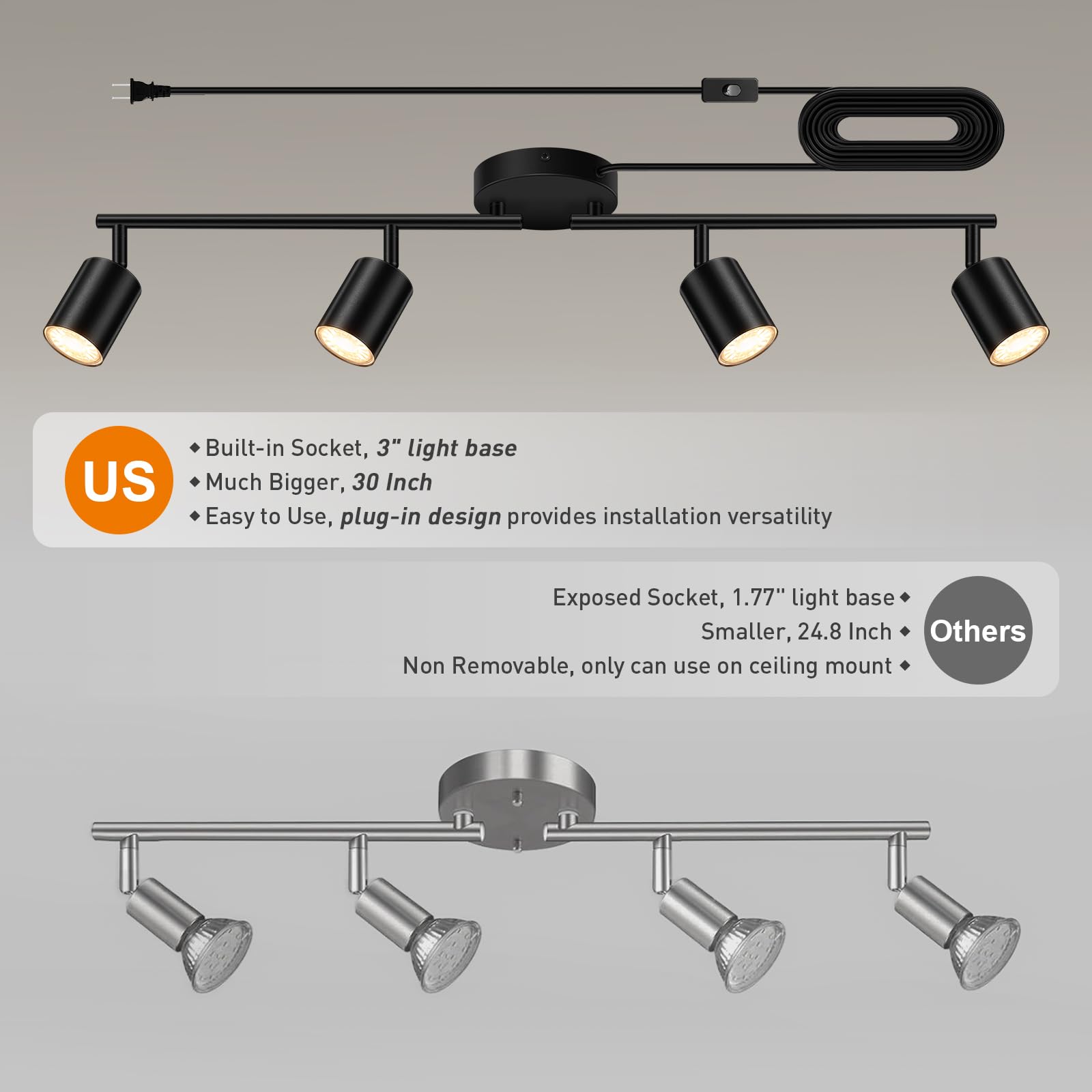 Bricosmocon black matte track lighting arms rotatable for flexible room illumination.
