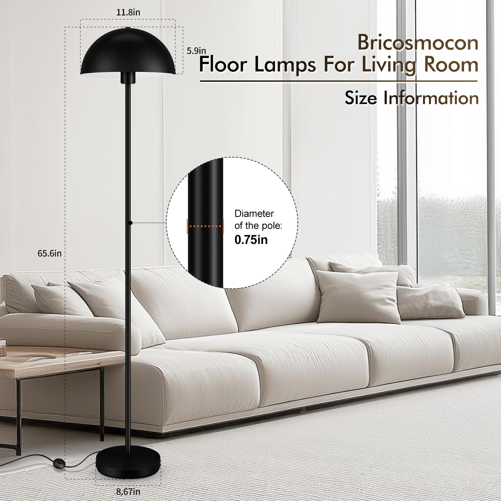 Bricosmocon floor lamp at 65.6 inches enhances tall, cinematic living room ambience.