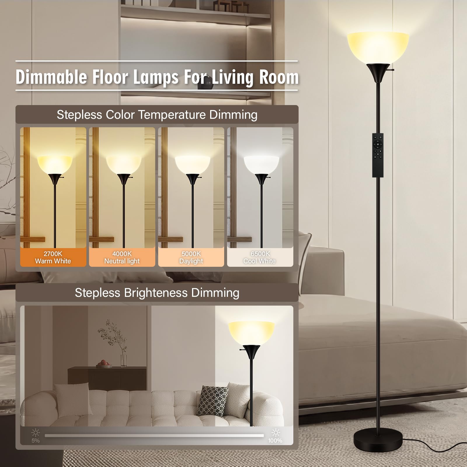 Bricosmocon floor lamp with remote control enables easy dimming and mode switching.